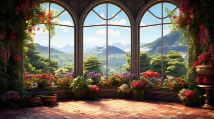 A painting of a room with a view of a mountain range. The room is decorated with plants and has a brick floor
