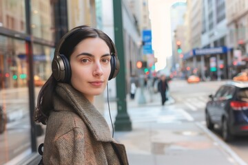 Fototapeta premium woman on a city sidewalk, headphones on, distant gaze with unfocused eyes