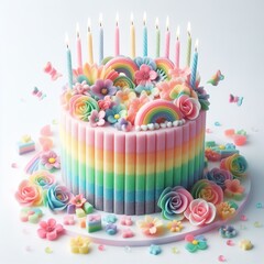 a  birthday cake made of pastel color rainbow gummy candy with flowers around on a white background