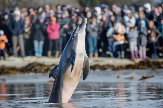 a stranded dolphin with a crowd gathering around it