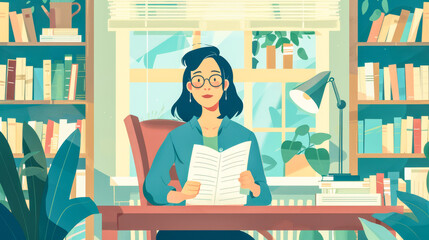 Female writer at her home office in the middle of her creative process