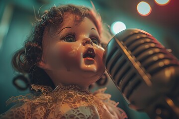 A porcelain doll singing a melancholic ballad into a vintage microphone on a dimly lit stage. Generative ai.
