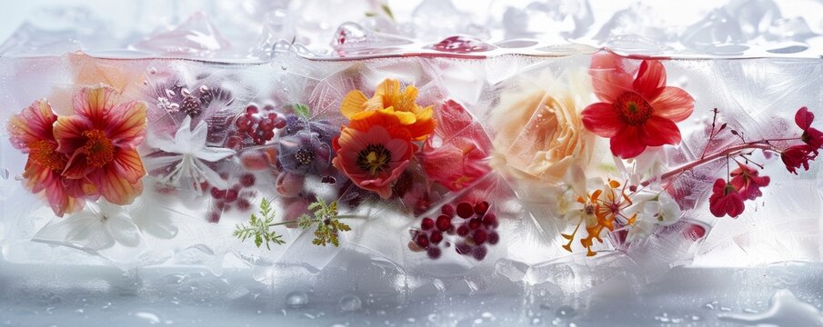 Flowers and berries encapsulated in ice