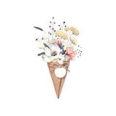 Bouquet in paper cone with delicate abstract flowers and plants yellow, red, grey and indigo colors, watercolor floral isolated decor for invitation or greeting cards with beautiful design elements. - 772806922