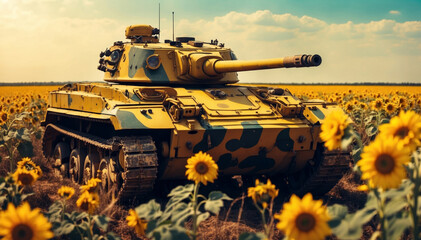 Tank in sunflowers field. War in Ukraine