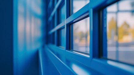 Close-up shot of a window with a vibrant blue frame, Generative ai.

