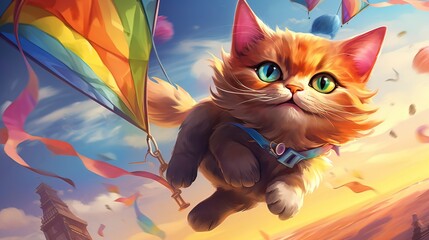 A playful cat soaring through the sky, controlling a vibrant kite. Generative ai.