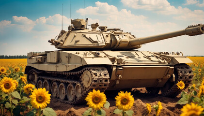 Tank in sunflowers field. War in Ukraine