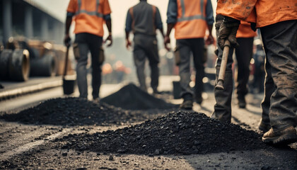 Road construction workers' teamwork, tarmac laying works at a road construction site, hot asphalt gravel leveled by workers, and road surface repair - obrazy, fototapety, plakaty