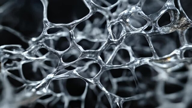 An abstract image featuring intricately intertwined white and gray lines and fibrous structures against a black background. 