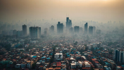 Smog city from PM 2.5 dust, Cityscape of buildings with bad weather and air pollution