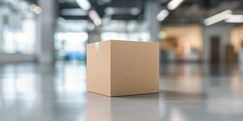 A cardboard box is placed on a reflective surface, likely part of an office moving day