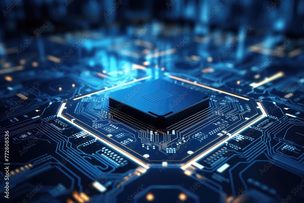 Poster glowing circuit board ,futuristic circuit board on a blue background 3d rendering artificial intelli