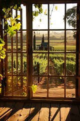 An idyllic window scene overlooking a sun-drenched vineyard, with row upon row of lush grapevines, a rustic winery in the distance, and the scent of ripe fruit hanging in the air, Generative AI