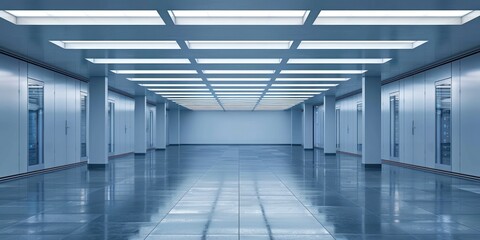 Shot of Corridor in Working Data Center Full of Rack Servers and Supercomputers with High Internet Visualisation Projection.