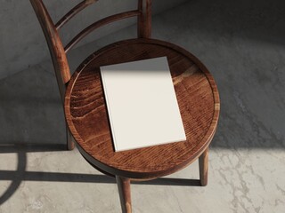 Magazine Book cover Mockup on wooden chair, photo book. 3d rendering