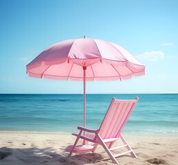 Cute color of umbrella and beach chair at summer tropical beach background,
