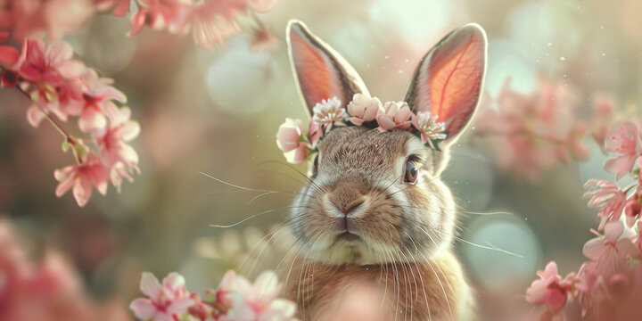 rabbit on the grass, A image of a majestic bunny wearing a crown made of pink flowers, exuding grace and beauty in a natural setting