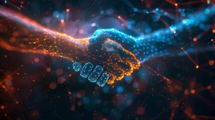Two AI entities engage in an abstract digital handshake - obrazy, fototapety, plakaty