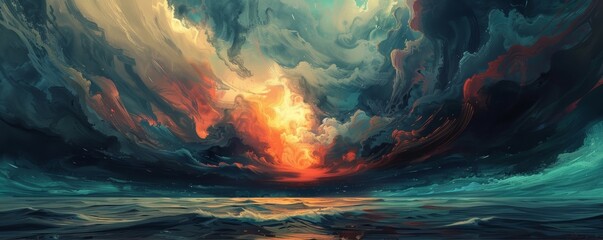 Dramatic cloudscape over the ocean at sunset - obrazy, fototapety, plakaty
