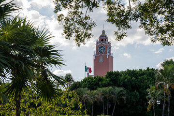 Part of a monument in Merida, Mexico with the Mexican flag