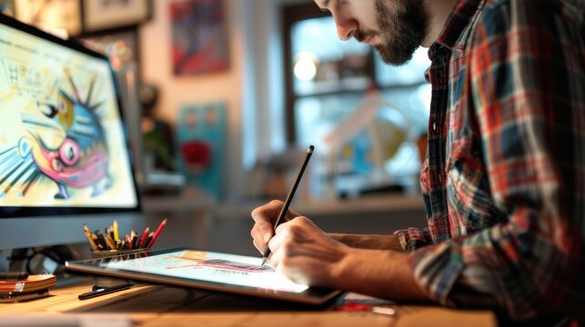 Young designer drawing on digital tablet at home. Freelance working.