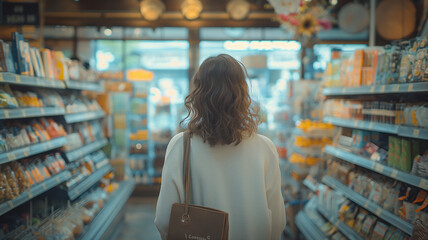 A 40-year-old middle-aged woman choosing items from the shelves of a large supermarket