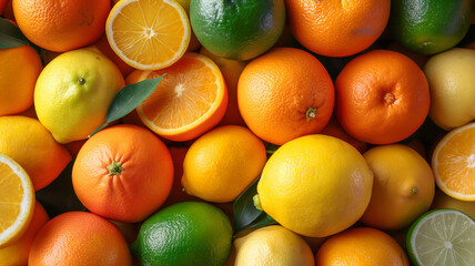 A pile of oranges, lemons and limes of various sizes and colors