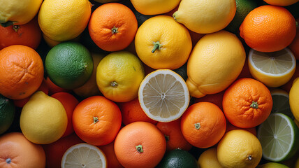 A pile of oranges, lemons and limes of various sizes and colors - obrazy, fototapety, plakaty