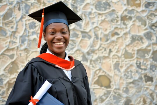 grinning student with a diploma and cap in a graduation gown