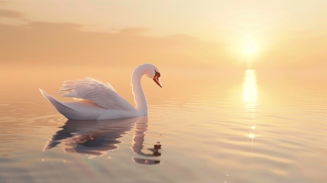 Serene swan on a calm lake at sunset