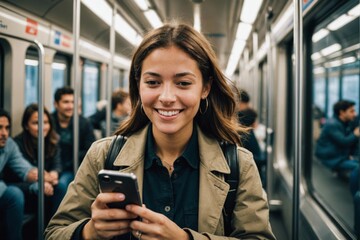 Smiling young woman listening to music on her cellphone while riding on a metro train during her daily commute