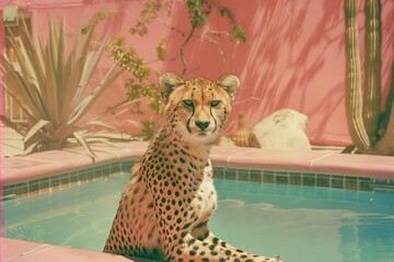 cheetah beside a swimming pool at a pink motel with desert and cactuses in the background, film camera, visual noise