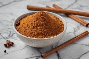 Cinnamon powder in bowl on marble surface sticks