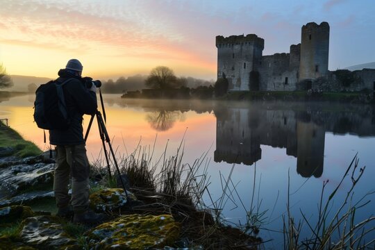 photographer taking pictures of castle moat at sunrise