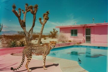 cheetah beside a swimming pool at a pink motel with desert and cactuses in the background, film...