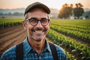 Smiling farmer wearing eyeglasses with back lit at farm