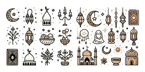  simple minimalism hand drawn islamic set decoration. Set of ramadan kareem and eid al fitr isolated on white background - obrazy, fototapety, plakaty