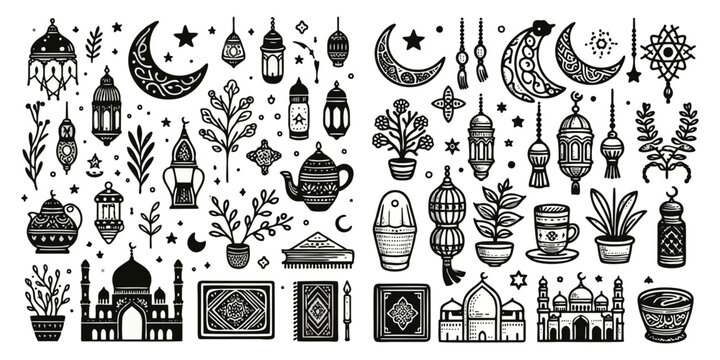  simple minimalism hand drawn islamic set decoration. Set of ramadan kareem and eid al fitr isolated on white background