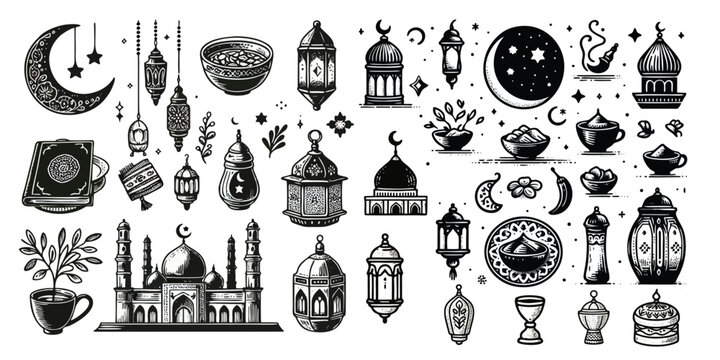  simple minimalism hand drawn islamic set decoration. Set of ramadan kareem and eid al fitr isolated on white background