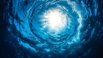 View from underwater looking up at the swirling water's surface with sunlight piercing through