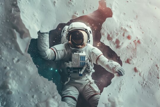 An astronaut to be entering into a galactic universe scene through a torn white wall, Generative AI