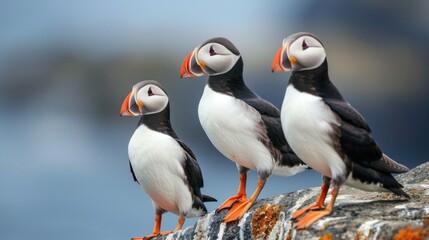 Trio of Atlantic Puffins on a Clifftop Overlooking the Serene Ocean Generative AI