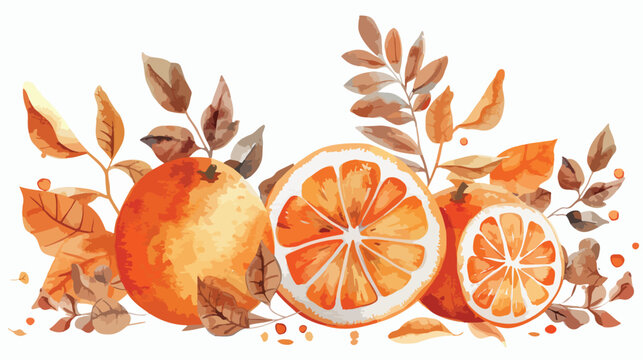 Autumn watercolor illustration with dry orange leaves