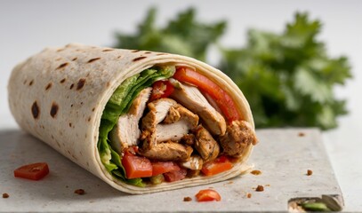 a perfect chiken shwarma wrap, depth of field, white background