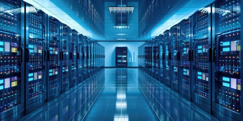 Shot of Corridor in Working Data Center Full of Rack Servers and Supercomputers with High Internet Visualisation Projection.