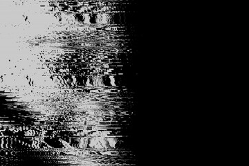 Black white glitch background texture. Abstract grunge noise border overlay effect. Video Damage Error. Digital signal distortion visualization. Random white lines. Technical problem of television.