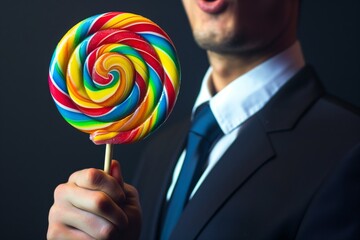 man in a suit holding a large, colorful swirl lollipop