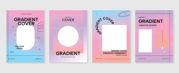 Naklejka premium Gradient abstract cover background vector set. Minimalist style cover template with geometric shapes, frame, colorful and liquid color. Modern wallpaper design perfect for social media, idol poster.