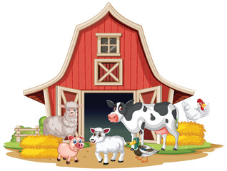 Illustration of farm animals in front of a barn